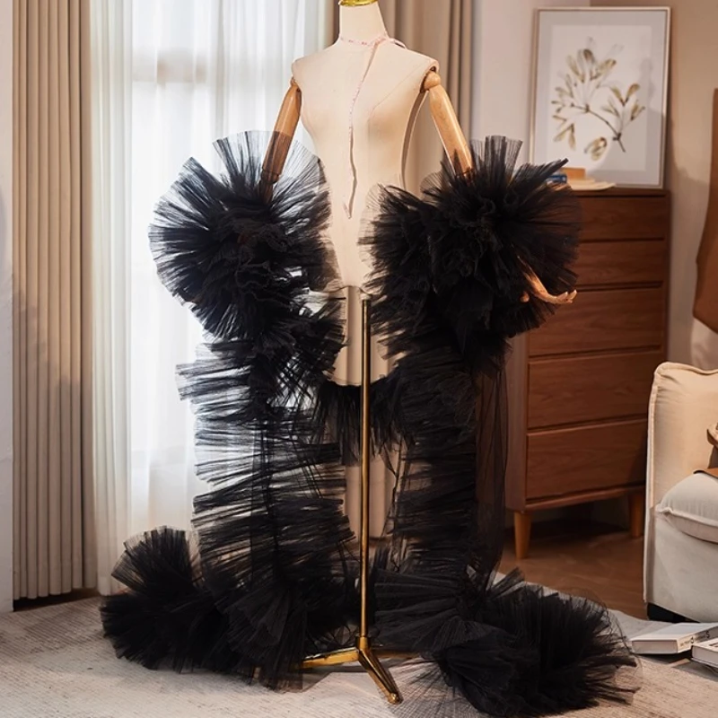 

Gorgeous Black Mesh Shawl with Big Tail Evening Gown Accessories for Formal Performance and Fashion Show Attire