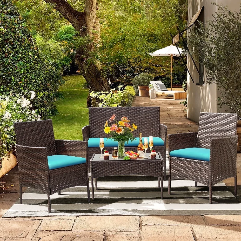 

Outdoor chairs, garden chairs, 4 Piece Outdoor Patio Furniture PE Rattan Wicker Table and Chairs Set with Cushions, Blue
