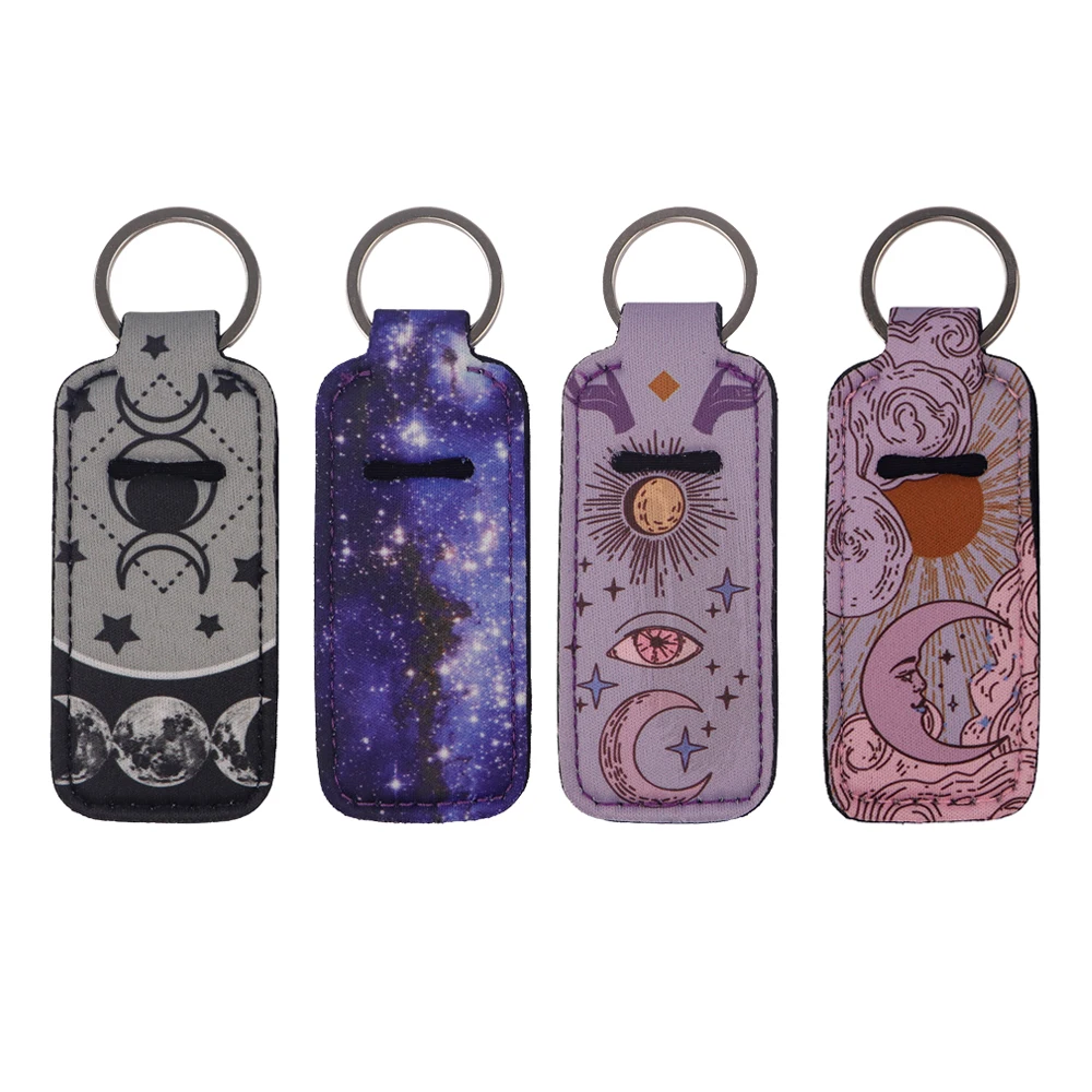 Lunar Starry Sky Clip on Lipstick Holder Keychain Print Keyring Women Girls Trendy Lip Balm Keyring Bag Charm Travel Accessories