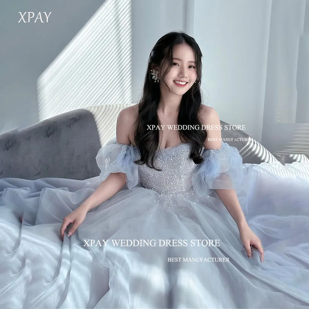 

XPAY Fairy Soft Blue Beaded Korea Evening Dresses Wedding PhotoShoot A-Line Tulle Puff Sleeves Customized Formal Occasion Dress