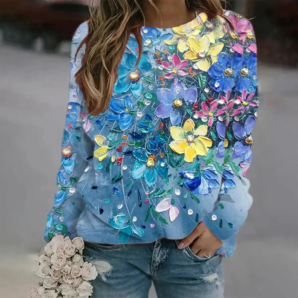 Summer New Women\'s T-shirts Fashion Oil Painting Flower Print Long Sleeves T shirt Casual O-neck Women Clothing Streetwear Tops