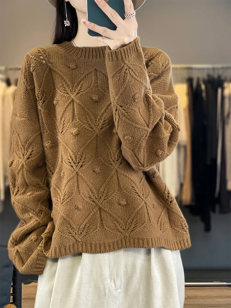 

Fashion 100% Merino Wool Women Sweater Autumn Winter Luxury Knitwear Dot Pullover Long Sleeve Hollow Out Clothing Tops Jumper