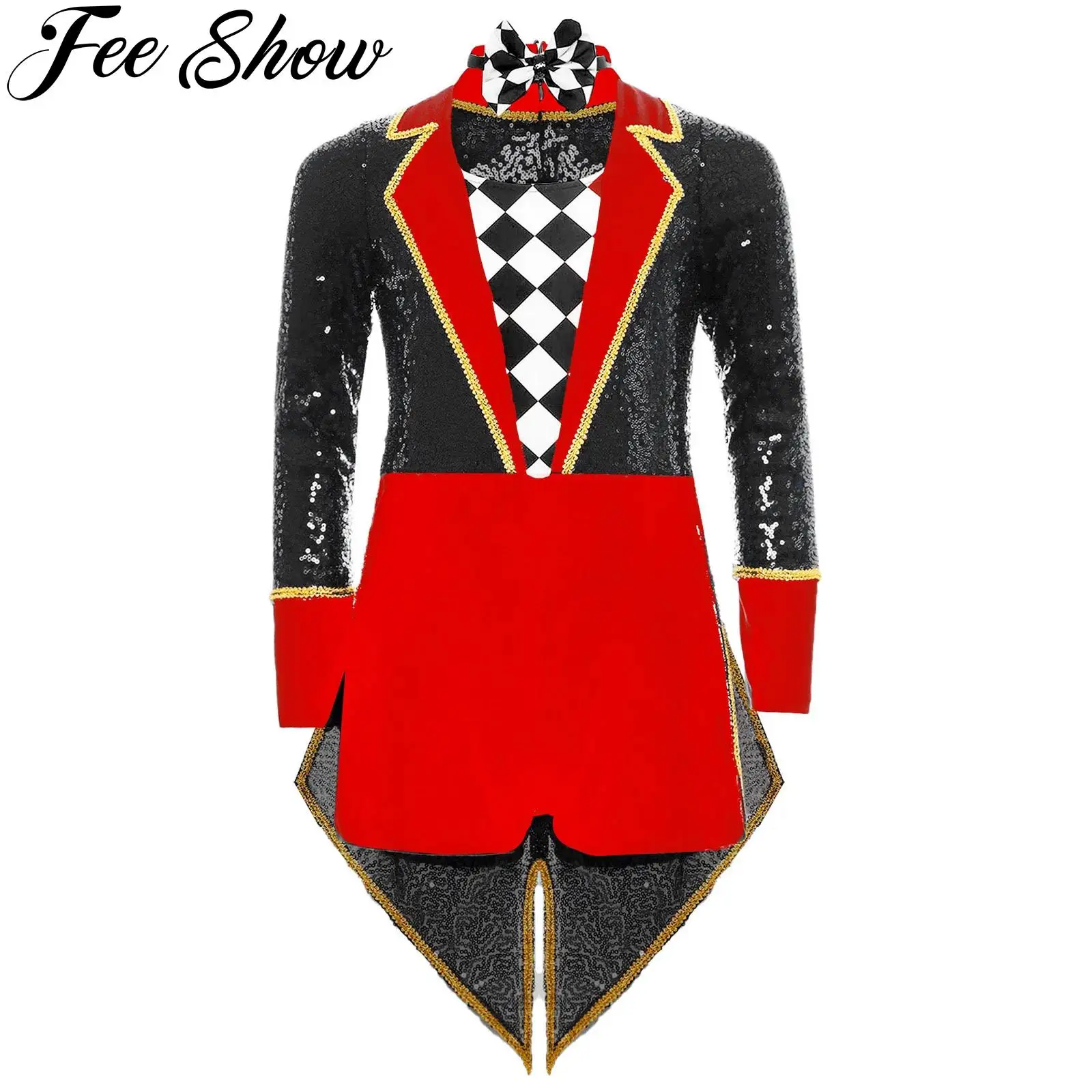 

Girls Boys Halloween Circus Magician Cosplay Costume Ringmaster Showman Dress Up Sequins Long Sleeve Bow Tie Tailcoat Bodysuit