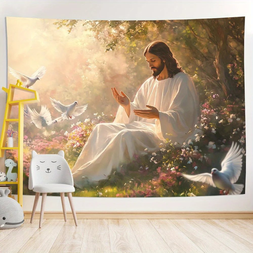 Jesus with Doves Tapestry, Serene Garden Wall Art for Bedroom or Living Room, Large Decorative Hanging, Add Spiritual Peace