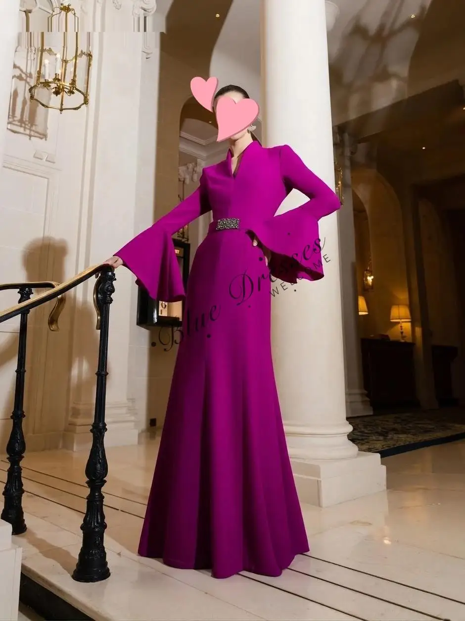 

Customized Evening Elegant Vintage Sweet Purple Beading Flare Sleeve A-Line Formal Occasion Prom Dress Evening Party Gowns