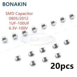 20PCS 0805 2012 SMD Capacitor 1UF 2.2UF 4.7UF 10UF 22UF 47UF 100UF 6V3 10V 16V 25V 35V 50V 63V 100V X7R X5R K=±10% M=±20%