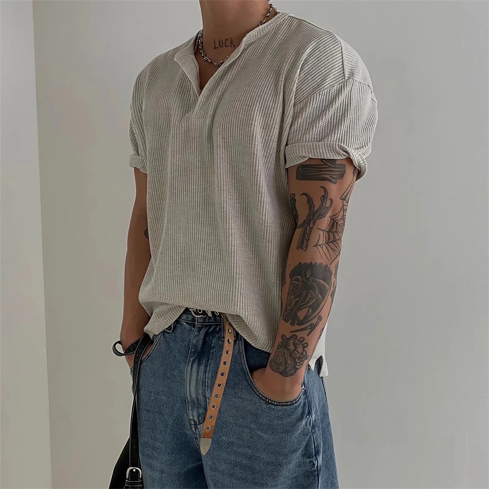 Summer American Style Fashion Men's Solid Color Waffle Casual Loose Simple Basic Short Sleeve O-neck T-shirts Male Top Clothes