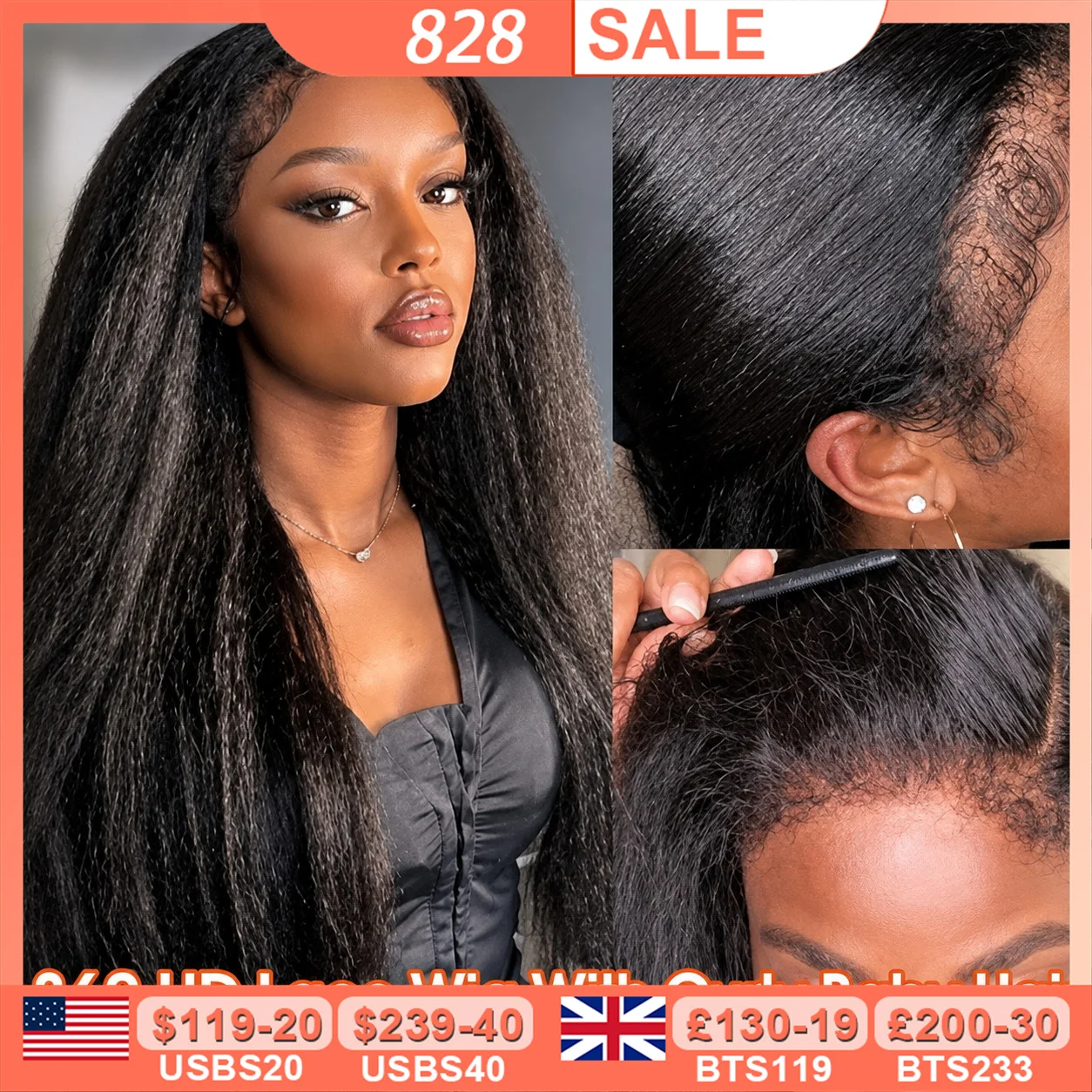 Curly Baby Hair Skinlike 360 HD Lace Wig Kinky Straight Bleached Konts Pre Plucked 13x4 HD Lace Frontal Human Hair Wig For Women