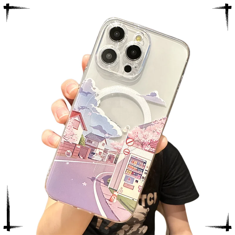 Japan Landscape Sakura Cherry Blossom Mountain With MagSafe Phone Case For iPhone 17 16 15 14 13 12 Pro Max Silicone Soft Cover