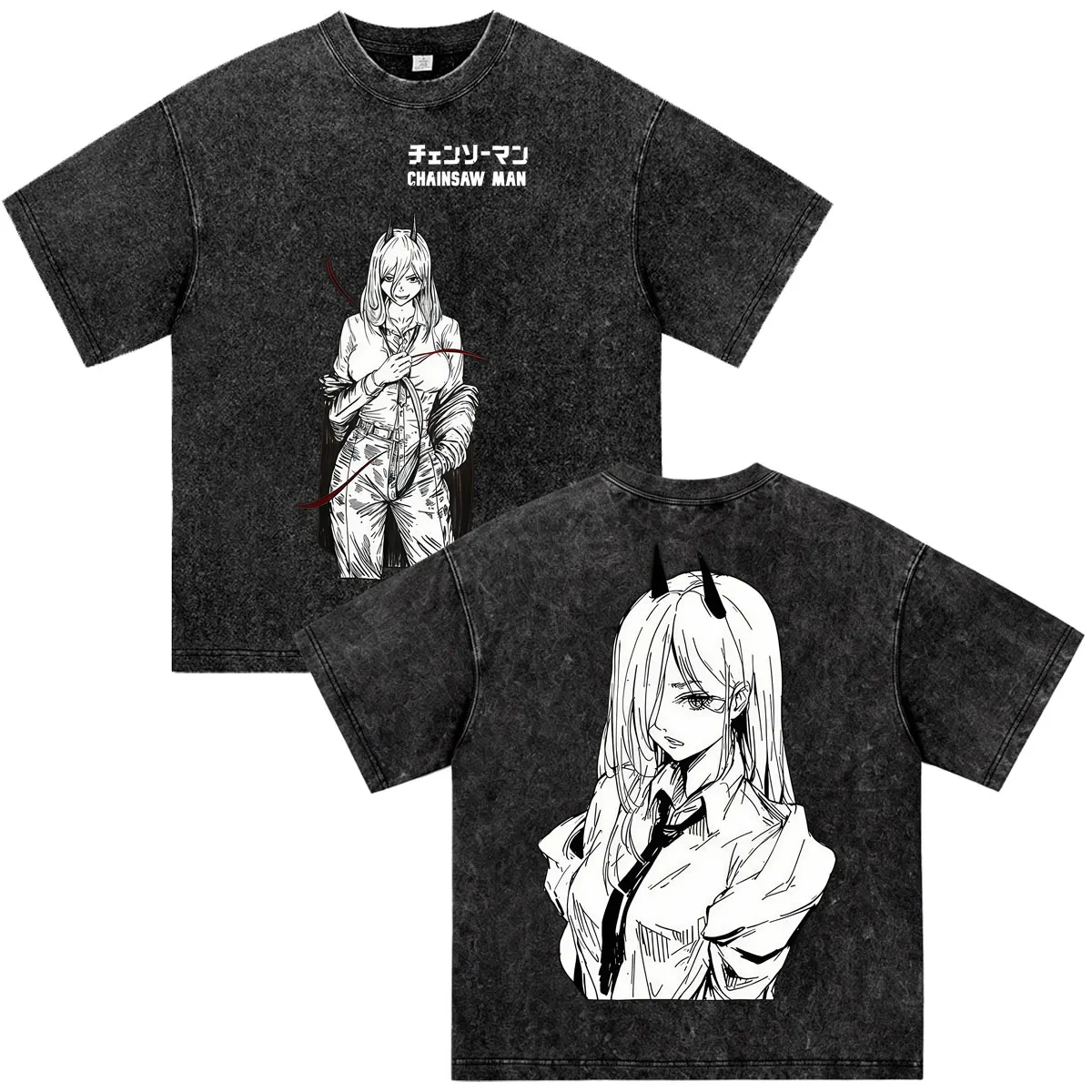 Washed Anime Chainsaw Man Reze Denji Power T Shirt Men Women Vintage Manga Classic T-shirts Oversized Cotton T-Shirt Streetwear