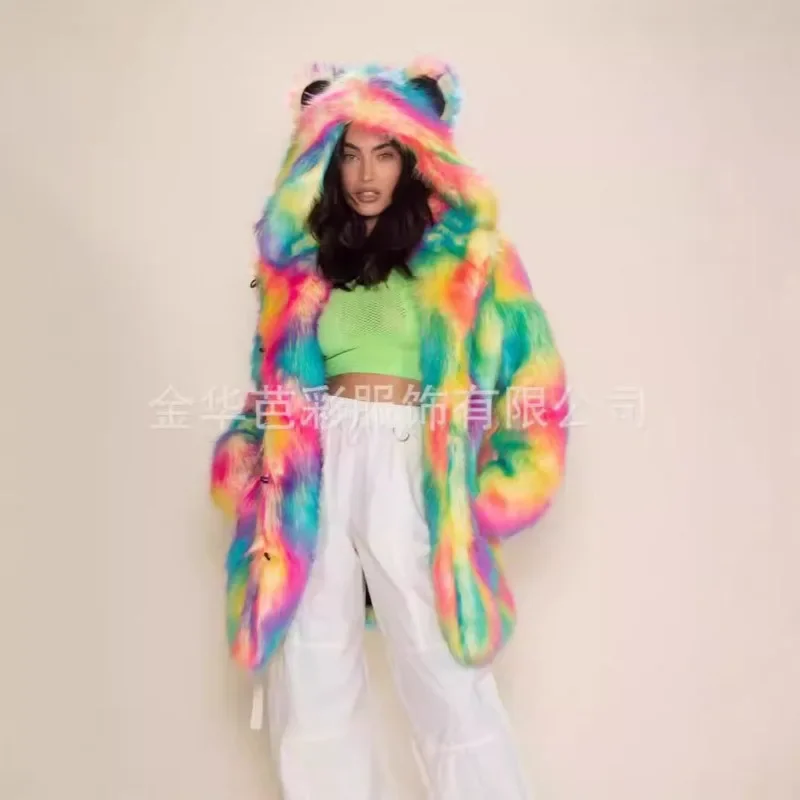 เสื้อโค้ทขนเฟอร์เทียมสีสันสดใสสำหรับผู้หญิง ฤดูใบไม้ร่วงและฤดูหนาว แบบหนา อุ่น สไตล์ยาวปานกลาง มีฮู้ด ขนเฟอร์เทียมแบบขนจิ้งจอก