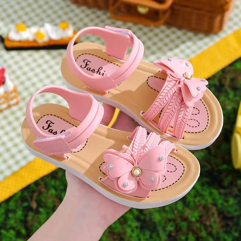 2024Girls Butterfly Hook And Loop Sandals, Wear-resistant Non-Slip Comfy Dress Shoes, Summer