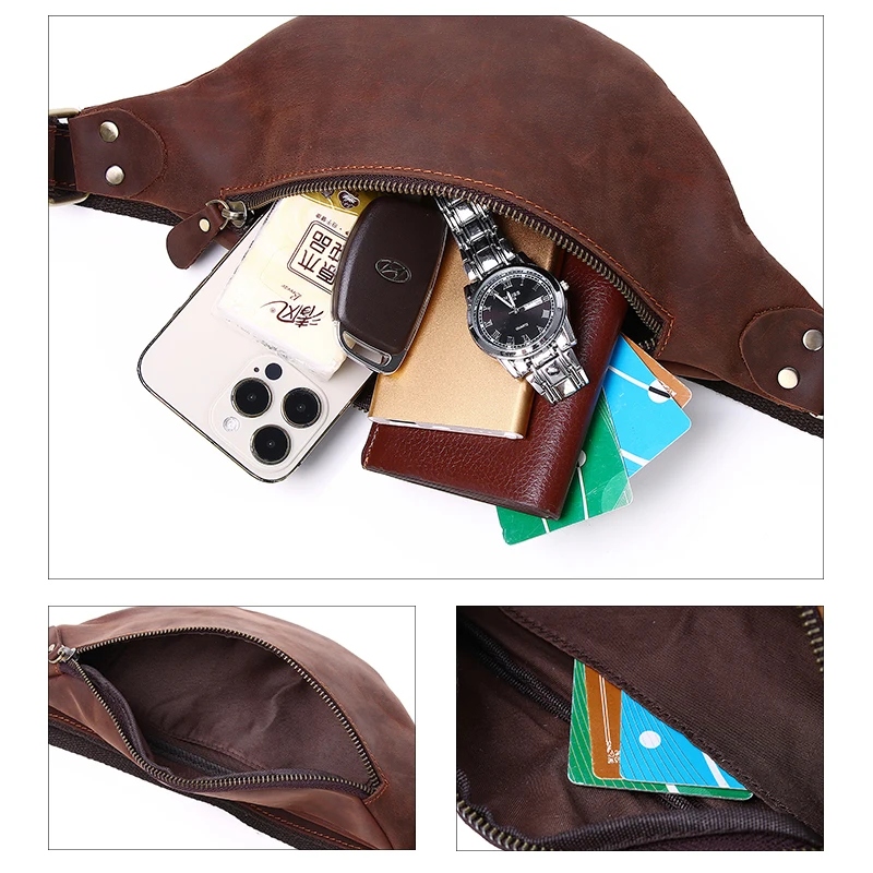 SCHLATUM Genuine Leather Men\'s Casual Waist Bag Retro Crazy Horse Leather Multifunctional Shoulder Cell Phone Bag