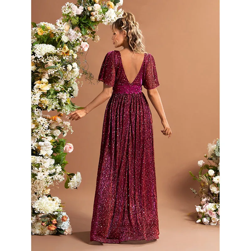 Elegant Double V-neck Waist Embroidery Long Formal Evening Party Bridesmaid Dress With Short Sleeves Red