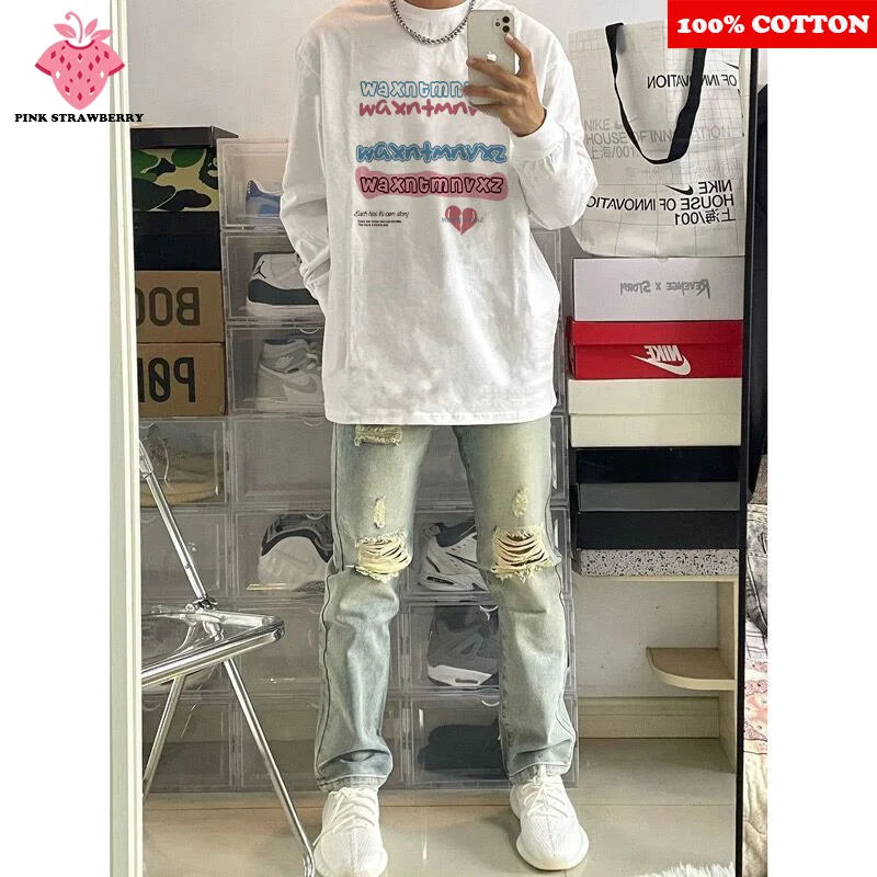 

American Street Letter Print T-shirt Men Autumn 2025 New 100% Cotton Oversize Long sleeved White Tee Y2k Tops Youth Men clothing