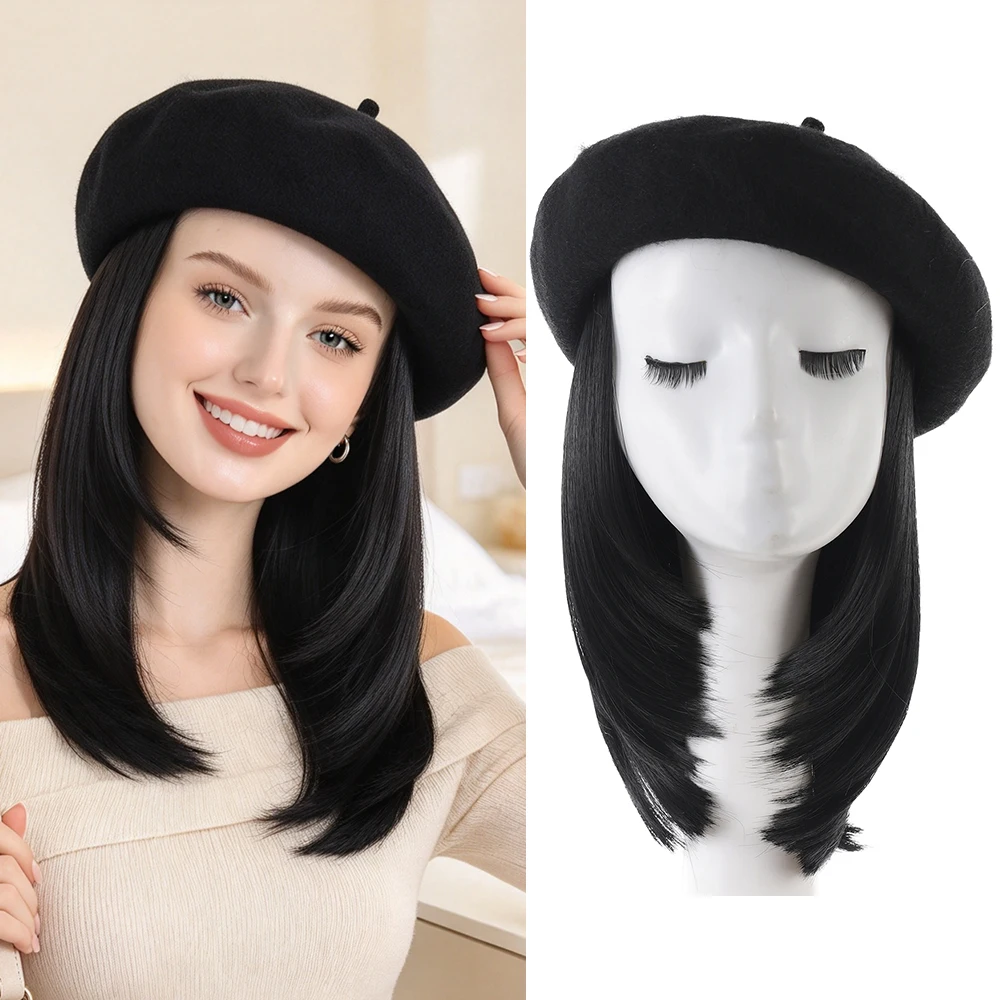 Hat Wigs Beret Wig women's Autumn and Winter Fashion Beret Straight Hair Wig Korean Hat Wig integrated Short Straight Hair