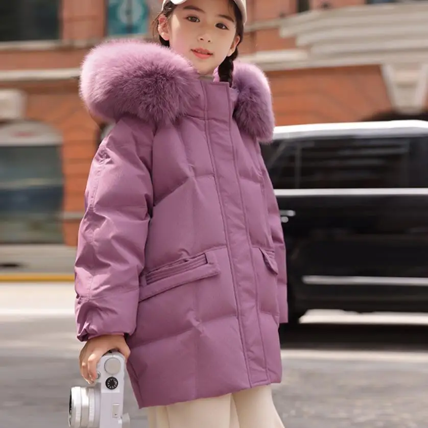 Children Real Fur Collar Thicker Down Jacket Winter New Hooded Princess Fashion Outerwear Kids Warm Down Coats 6-14 Years Wz1281