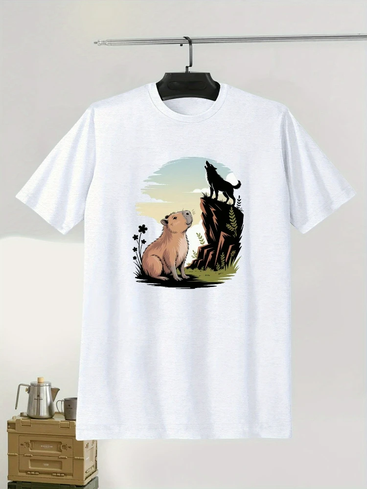 with Listening Capybara&Howling Wolf Graphic design-100% cotton summer casual round neck short sleeve printed men's T-shirt.