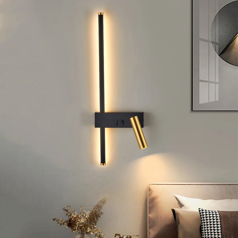 

Nordic Bedroom Bedside Lamp with Switch Minimalist Long Wall Lamp Modern Simple Grille Background Wall Light Indoor LED Light