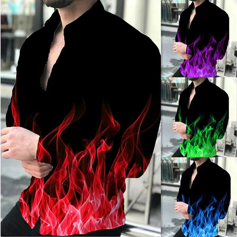 

2024 New Button Lapel Shirt 3D Printed Flame Shirt Men's Baroque Shirt Party Long Sleeve Retro Dress Top Oversized