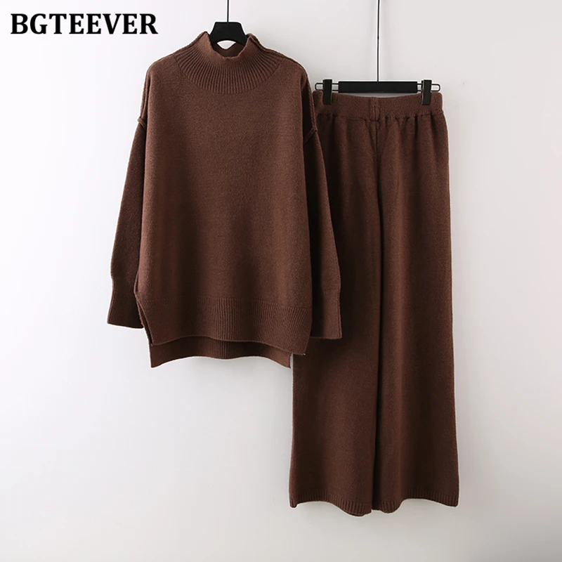 

BGTEEVER Осень-зима Повседневный теплый женский комплект из 2 предметов свитера с длинным рукавом и полувысоким воротником, пуловеры и вязаные широкие брюки