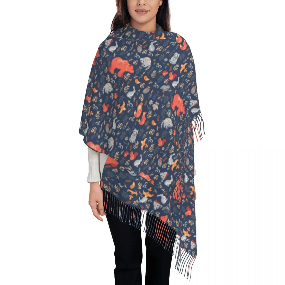 Fox Bear Raccoon Scarf Ladies Fairy Tale Forest Scarves Wraps with Tassel Winter y2k Funny Shawl Wrap Warm Soft Design Bandana