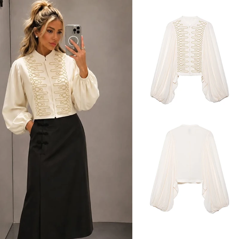 2026 Elegant Women's Shirt - Romantic Knot Button Puff Sleeve Top - Stylish Office Outfit