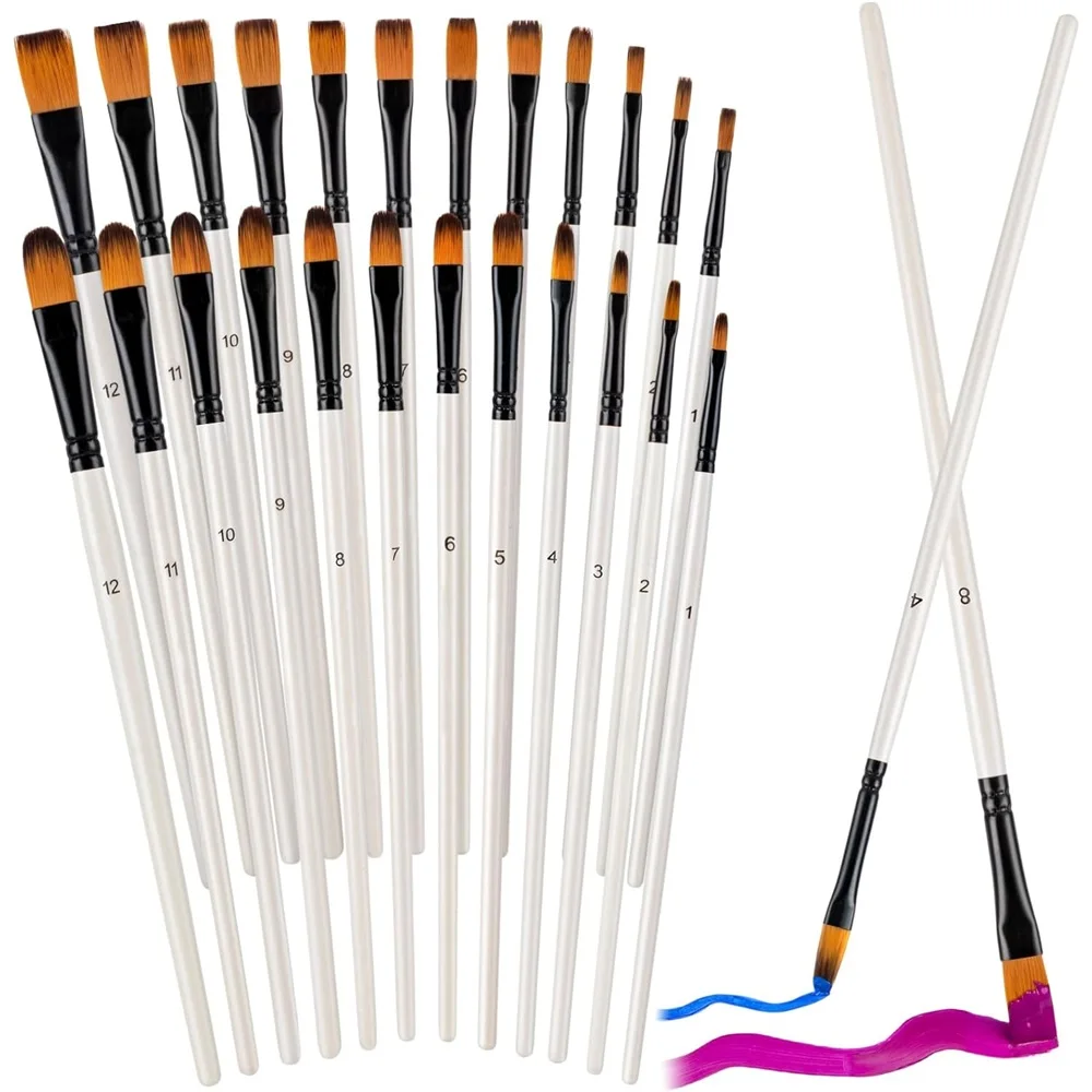 24Pcs Nylon Flat Paint Brushes Set, Paintbrushes for Acrylic Watercolor Oil Gouache, Craft Detail Face Body Painting Artist Kit