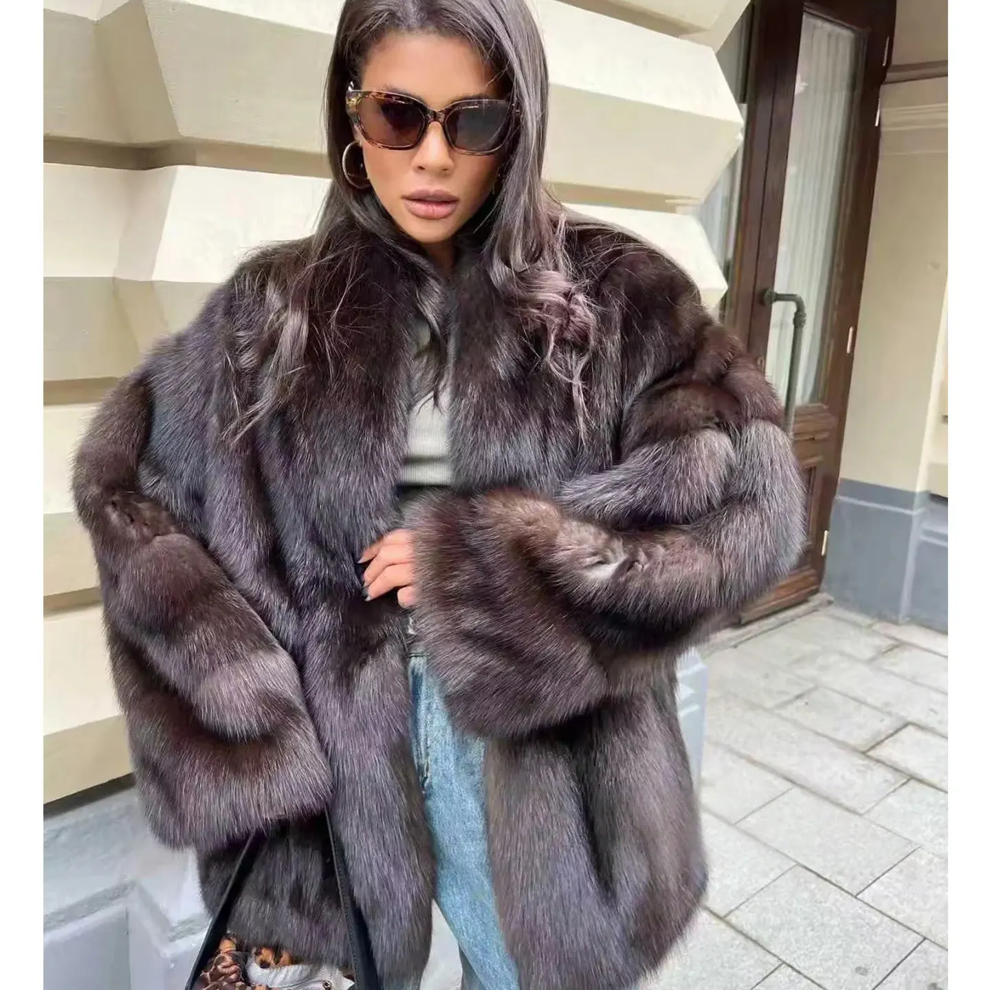 Invierno nuevo mujer Simple botón cálido decorado efecto piel Artificial largo cuello Sve abrigo de longitud media