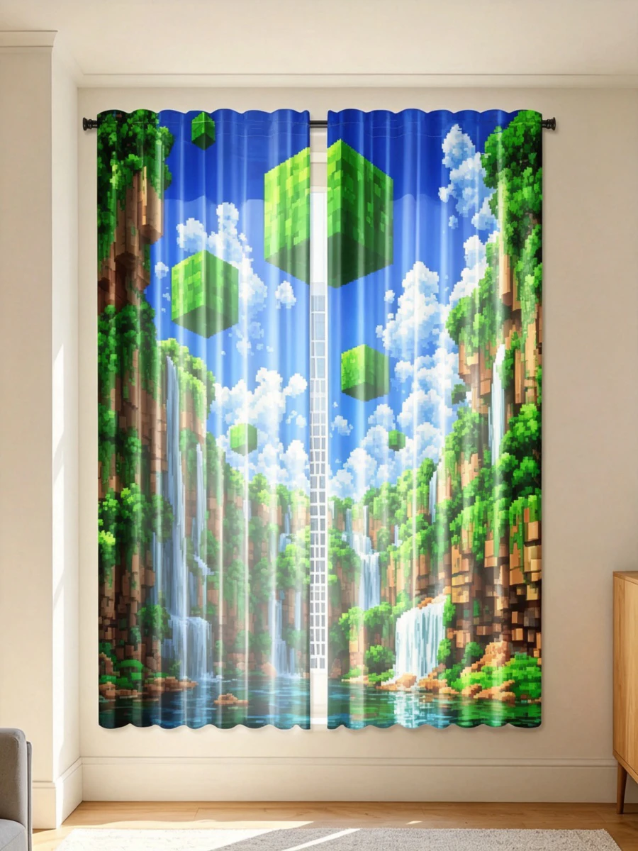 2PCS Pixel Art Waterfall Landscape Curtains, Retro Video Game Green Block Pattern Window Drapes for Gaming Room Bedroom Decor