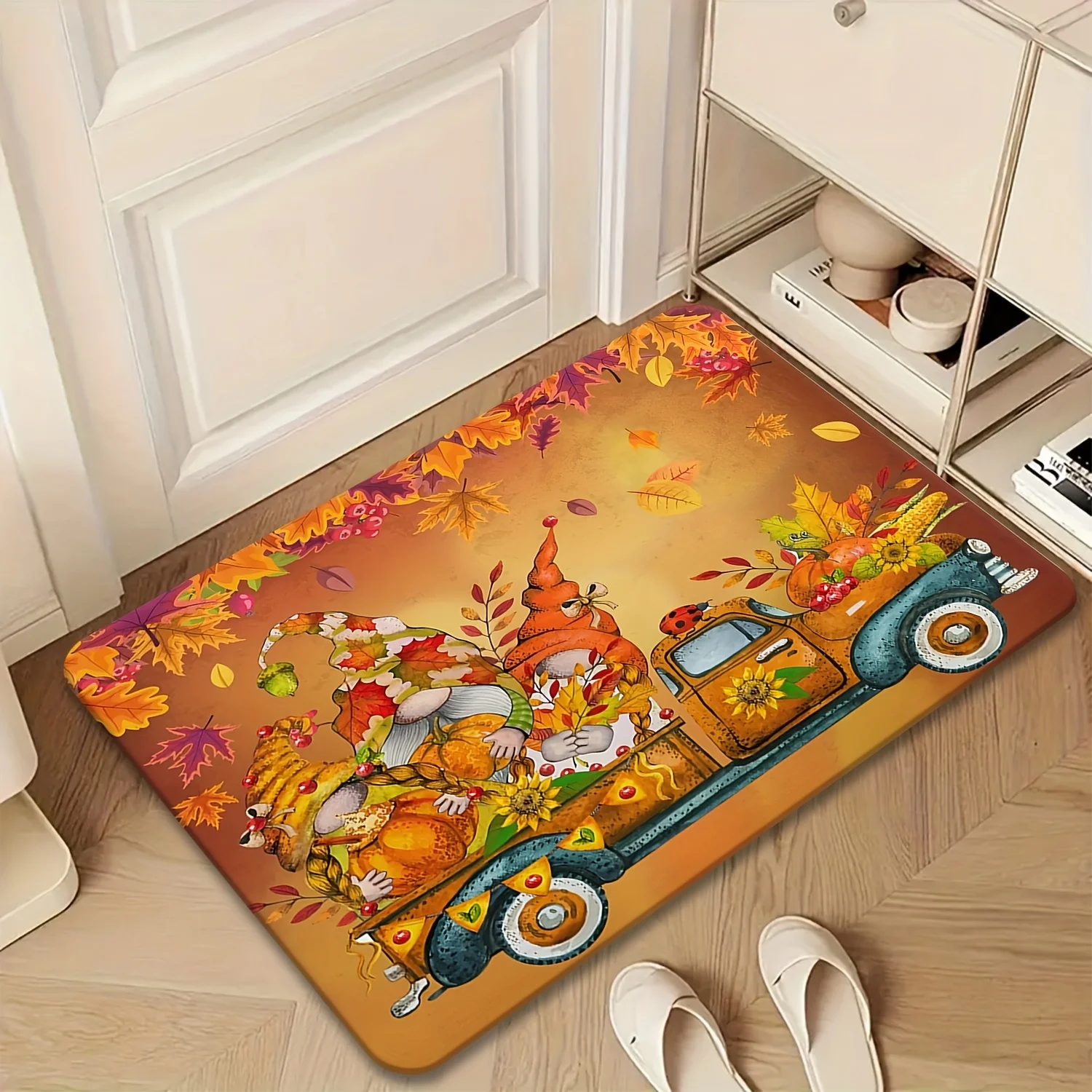 Vintage Truck Autumn Door Mat, Pumpkin Harvest Floor Rug, Fall Leaves Welcome Carpet, Non-slip Thanksgiving Home Entrance Decor