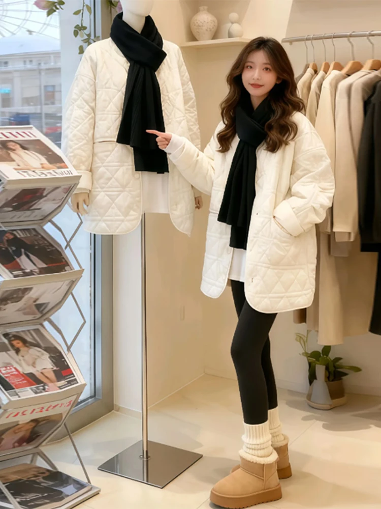 Retro Japanese Style Women's Cotton Shirt Jacket Mid-Length Quilted Loose Winter Casual Versatile Workwear Outerwear
