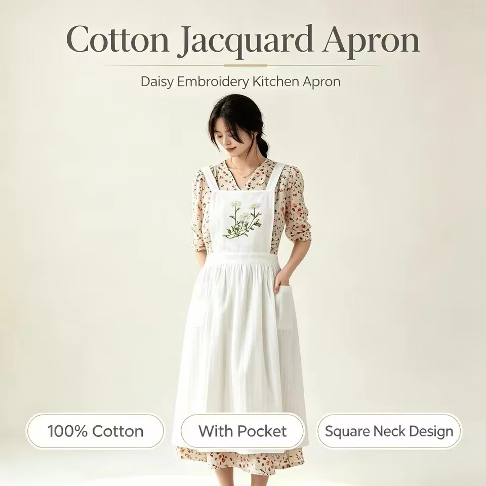 Vintage Daisy Embroidery Cotton Jacquard Apron For Women Kitchen Baking Apron With Side Pockets Florist Cafe Waitress Apron