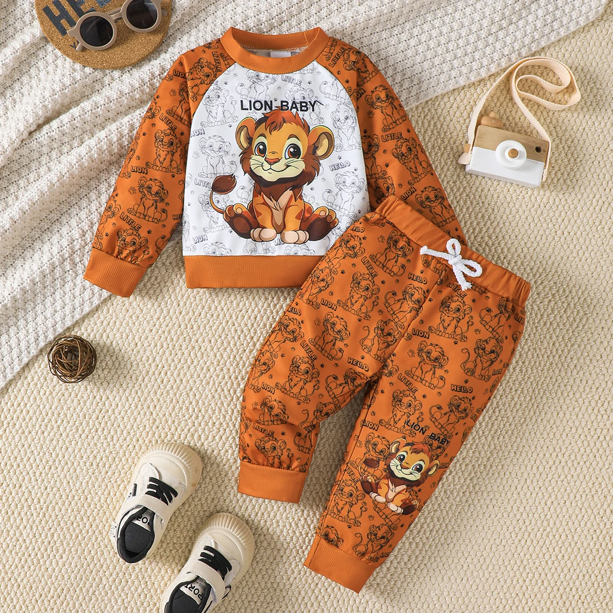2Pcs Child Boys' Set Round Neck Lion Print Long Sleeved+Pants Set Suitable for 1-5 Year Boys' Spring and Autumn Sports Suit