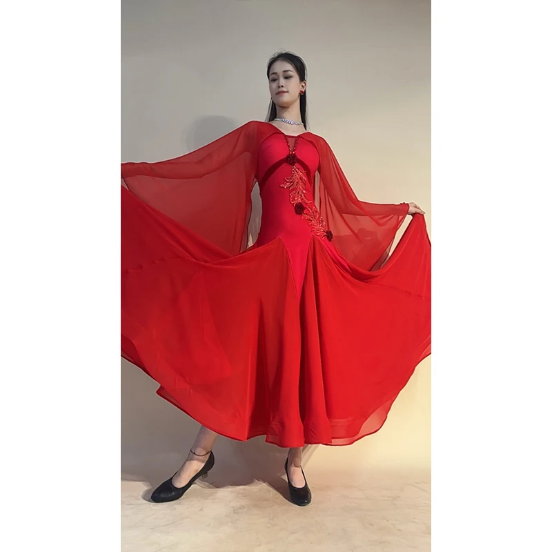 Robe de danse de valse personnalisée pour femmes, robe de concours de danse de salle de bal, longue robe rouge et blanche, Costume de danse sociale de bal L17131