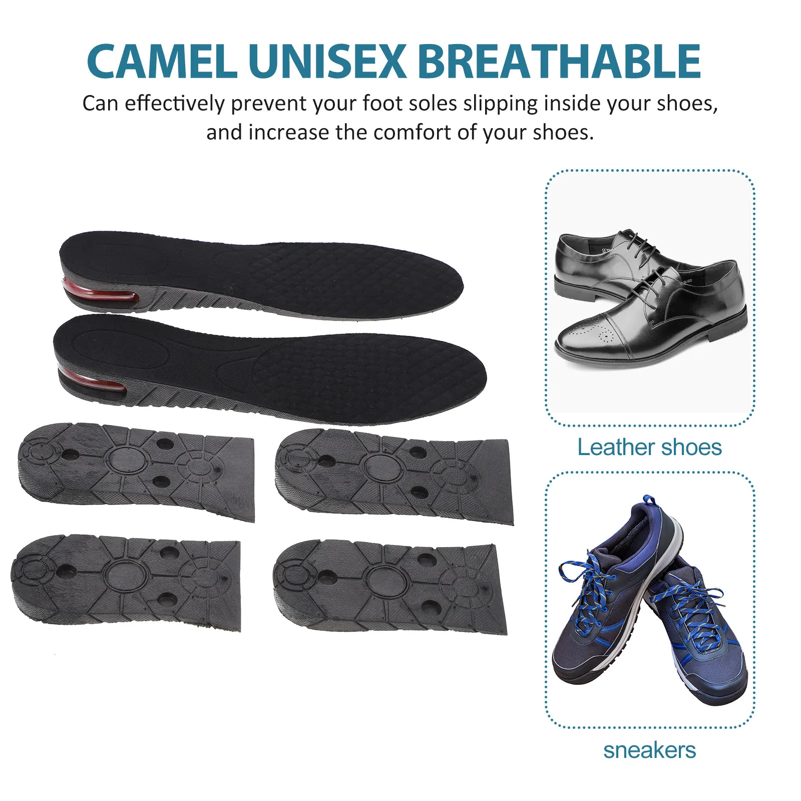 Camel Unisex Black Invisible Elevator Insoles Three-Layer Height Increasing Breathable PVC Shoe Inserts for Men Women Comfort