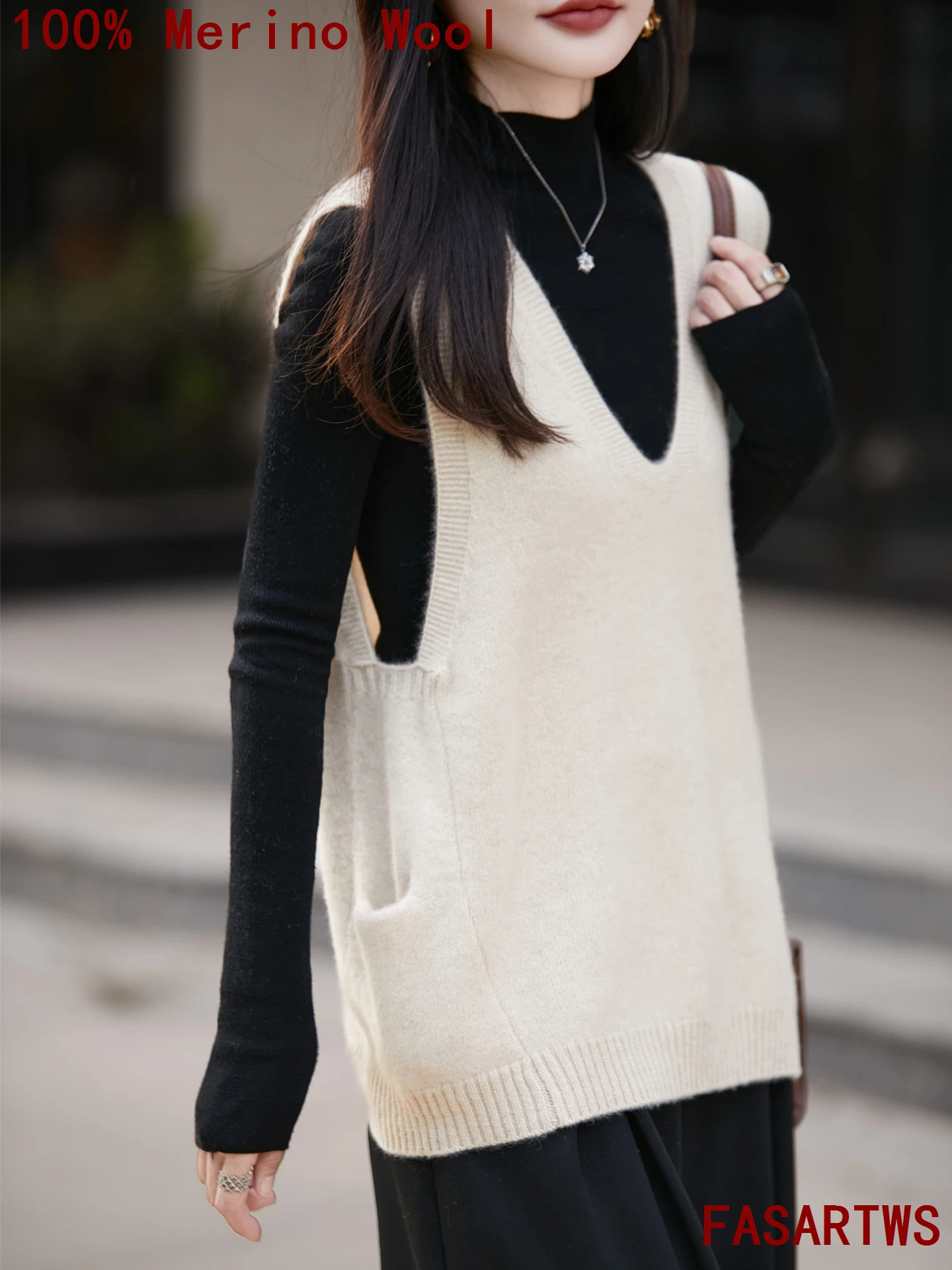 

Quality 100% Merino Wool Vest Long Style V-Neck Sweater Sleeveless Pullover Plus Size Women Autumn Winter Knitted Casual Tops