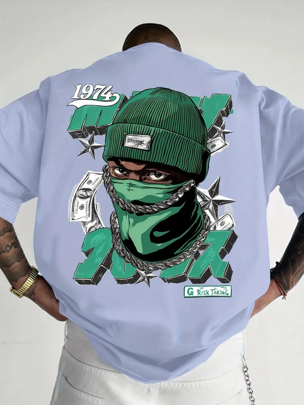 Creative American men's summer characters fortune letter printing micro elastic breathable round neck T-shirt outdoor street top
