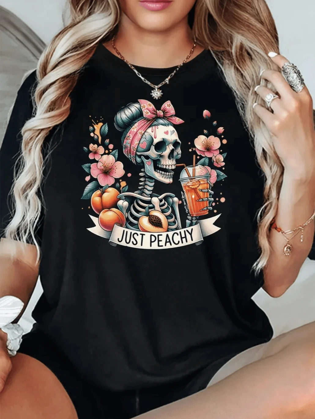 

Женская футболка с цветочным принтом черепа и персикового цвета, женская повседневная удобная хлопковая футболка с круглым вырезом Y2k, летняя креативная футболка с коротким рукавом