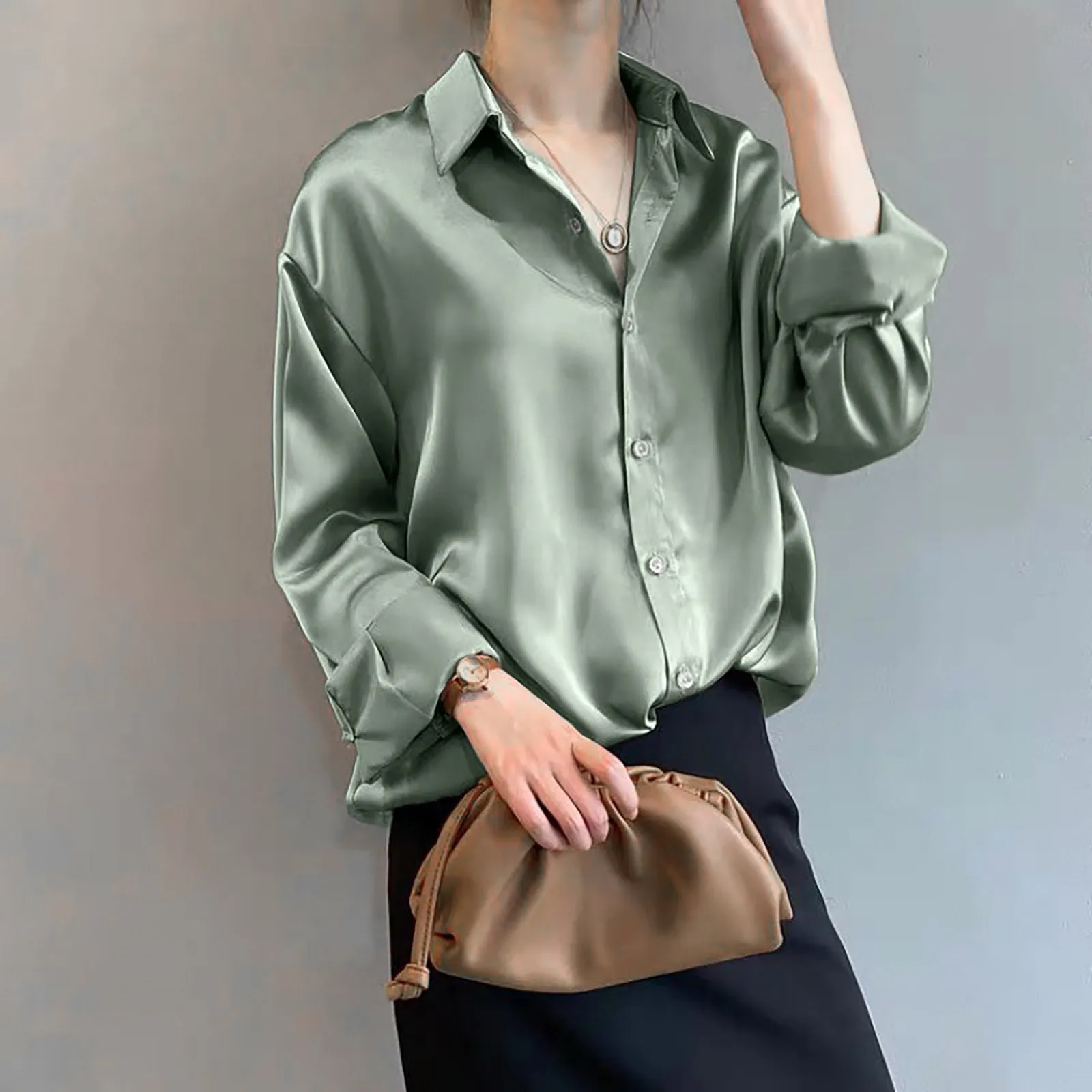 Fashion Button Up Satin Silk Shirt Vintage Blouse Women White Black Lady Long Sleeves Female Loose Office Lady Street Shirts