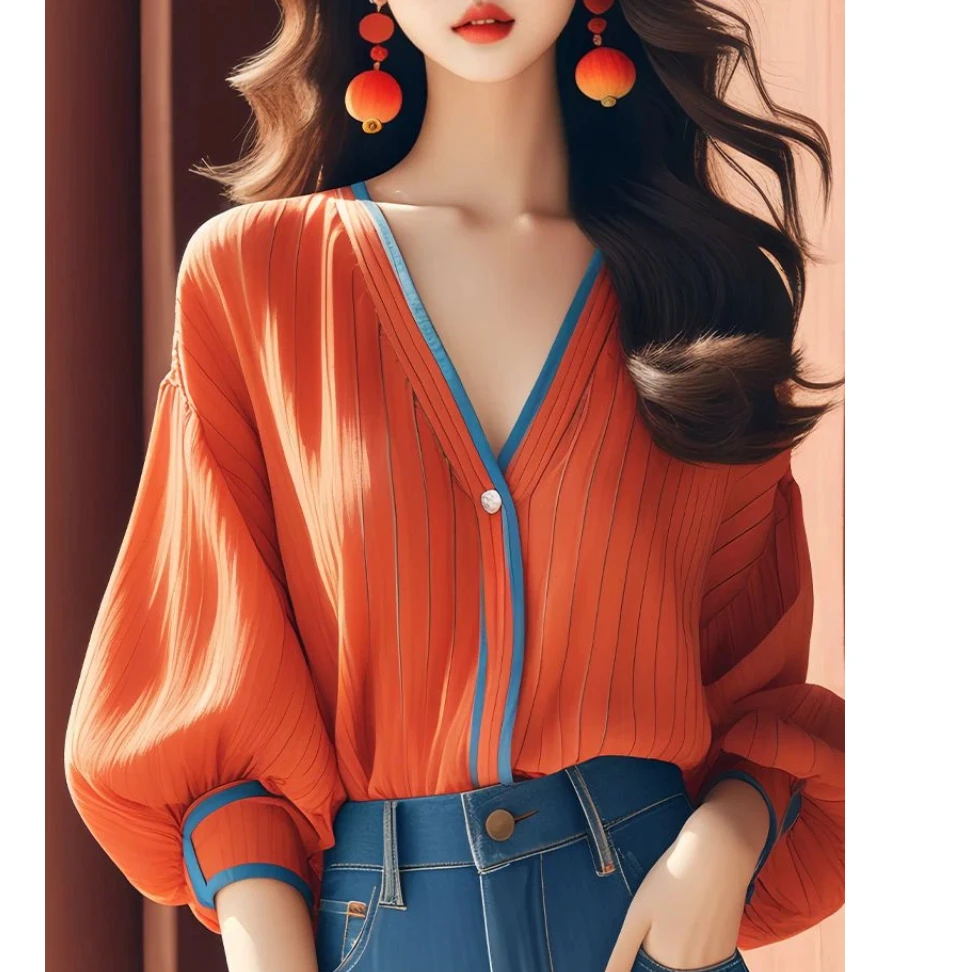 

Свободная винтажная блузка в полоску с v-образным вырезом, новая весенняя универсальная молодежная винтажная рубашка с длинными рукавами, топы, повседневная модная тенденция, женская одежда