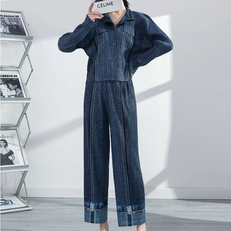 ALSEY Miyake Pleated Top Two Piece Set Coat Fashion Loose Shirt Straight Wide Leg Imitation Denim Women Outfit Spring New