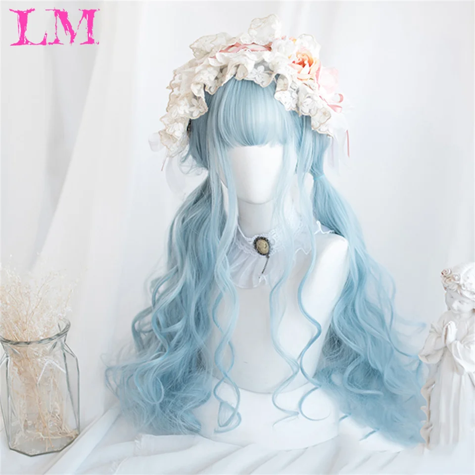 Lm cor azul perucas sintéticas com bang longo natural ondulado peruca de cabelo para uso diário feminino cosplay drag queen resistente ao calor