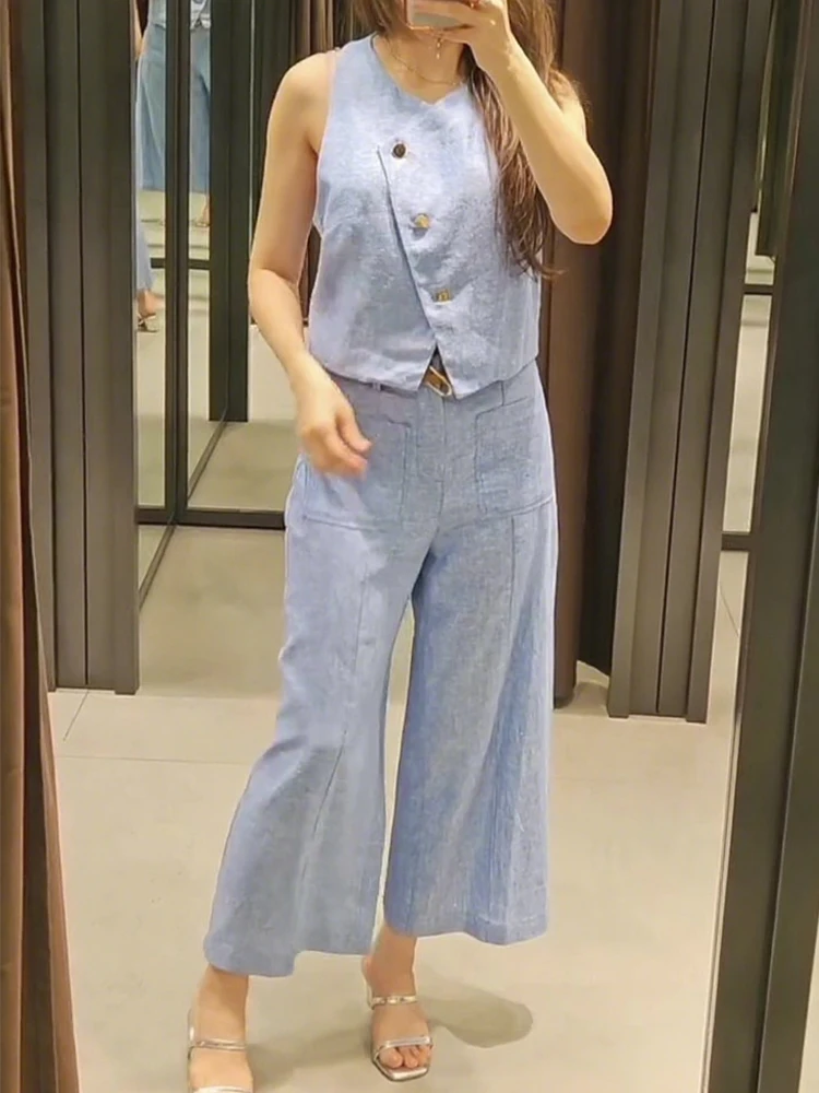 

TRAFZA Chic Casual Purple Women Suits Asymmetric Button Vest+Sashes Wide Leg Long Pants Fashion 2025 Vintage Commute Mujer Sets