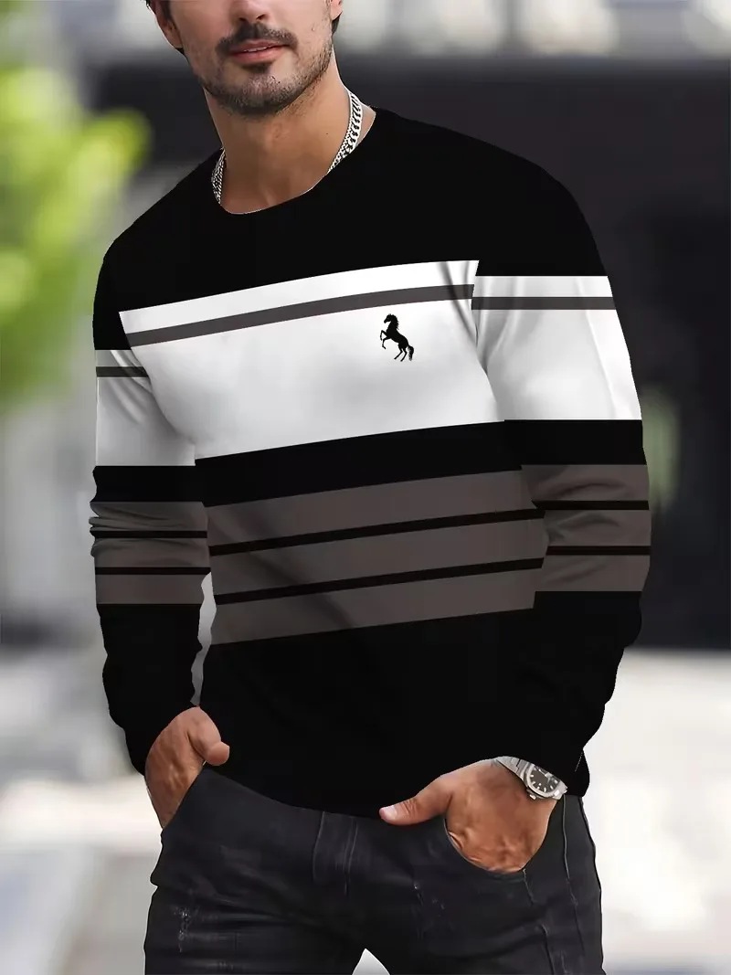New Long Sleeved T-shirt Men's Stripe Printed Round Neck Long Sleeved T-shirt Autumn Trendy Daily Casual Street Men's Clothing