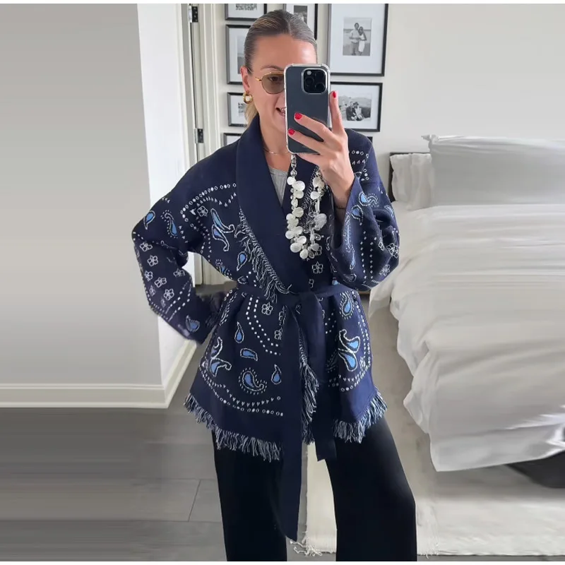 

Элегантное женское пальто с длинными рукавами и кисточками по подолу, верхняя одежда на шнуровке для отдыха, винтажные свободные кардиганы в этническом стиле с принтом