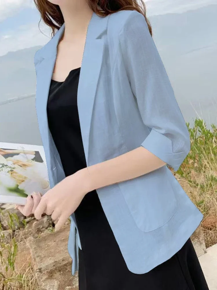 Female Clothing Jacket Solid Color Suit Elegant Causal Style Youth Clothes Linen Overcoat Fashion Commuter Dressing All Season