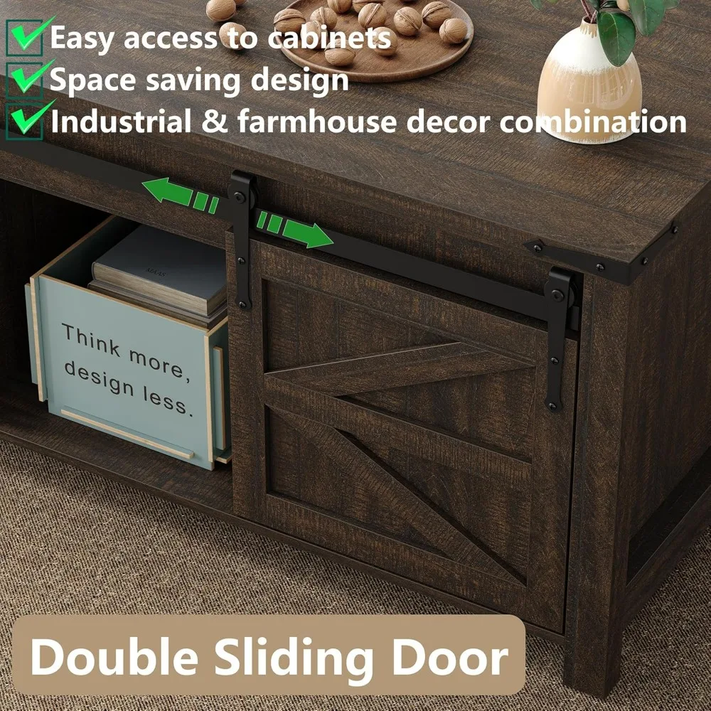 Rustic Farmhouse Style Lift Top Coffee Table with Sliding Barn Doors Storage for Living Room