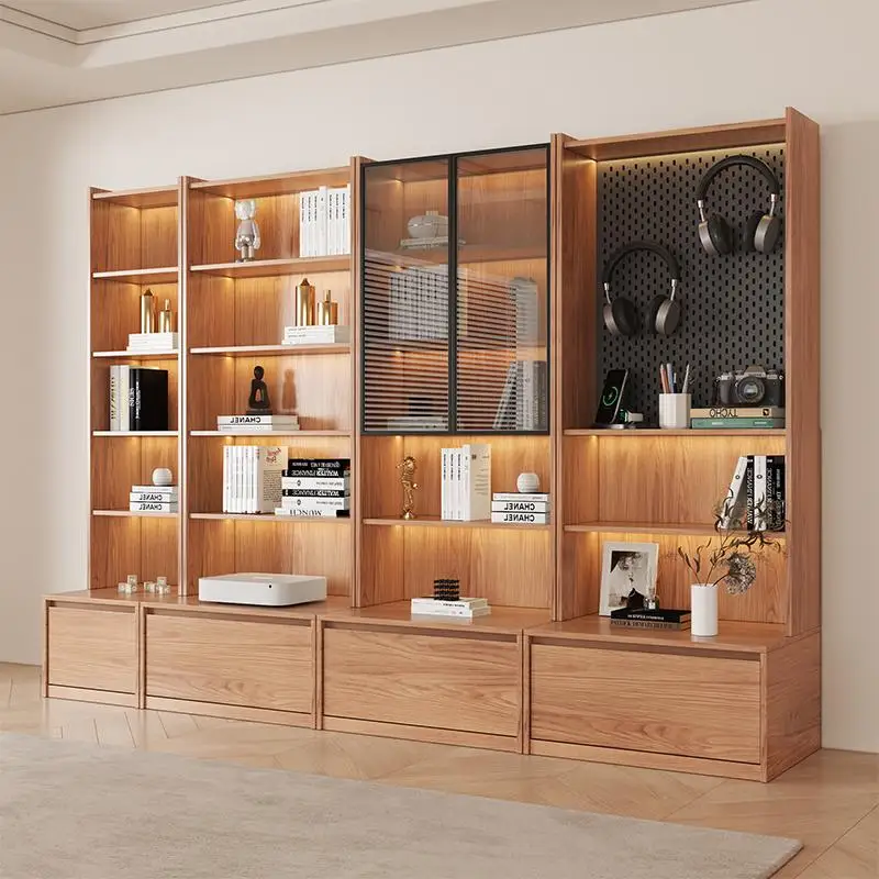 Solid wood custom modular bookshelf integrated glass floor-standing display cabinet, modern minimalist living room storage cabin