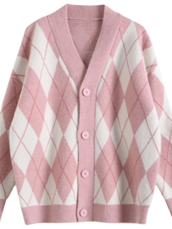 Retro Japanse Sle losse lange diamantpatroon verdikte open vest dames herfst nieuwe trui Jaet bovenkleding